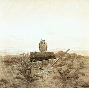  Par Pintura al %C3%B3leo - Paisaje con tumba ataúd y búho romántico Caspar David Friedrich
